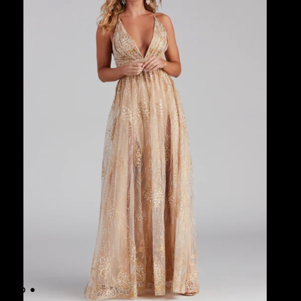 Mona Plunging Glitter Dress - Nude